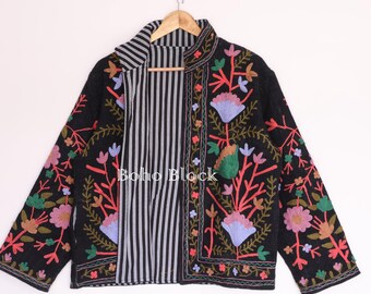 Floral Embroidery Black Suzani TNT Jacket, Indian Boho Vintage Short Coat For Women's