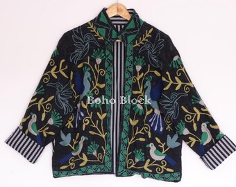 Peacock Embroidery Black Cotton TNT Suzani Jacket, Boho Indian Style Women Suzani Short Coat