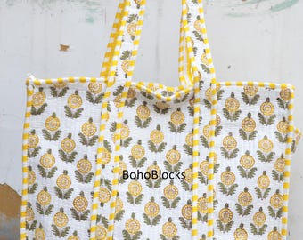 Quilted Cotton Tote Bag, Boho Travel Handbag, Indian Block Print Shoulder Bag With Pocket.