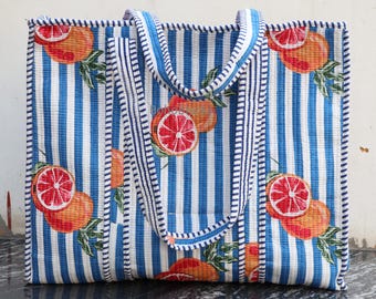 Quilted Cotton Tote Bag, Indian Block Print Style, Boho Shoulder Bag