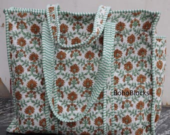 Quilted Cotton Tote Bag, Indian Block Print Shoulder Bag, Boho Travel Handbag (Side Pocket)
