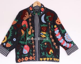 Floral Embroidery Black Cotton TNT Suzani Jacket, Boho Open Front Women Suzani Short Coat