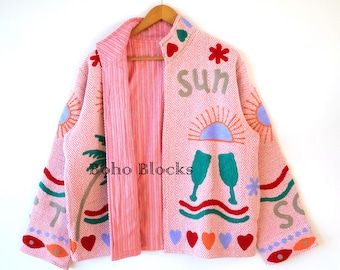 Pink Herringbone Suzani Jacket, Handmade Cotton Open Front Boho Coat, Summer Sun Embroidery Kimono