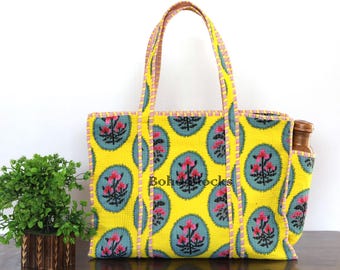 Quilted Cotton Tote Bag, Peach Floral Block Print Handbag with Water Bottle Pocket - Large Boho Utility Shoulder Bag