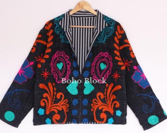 Floral Embroidery Black Cotton TNT Suzani Jacket, Boho Vintage Artisan Women Suzani Coat Outerwear
