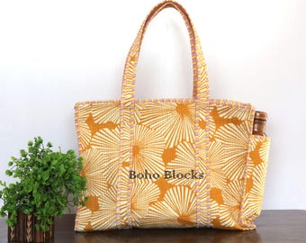Yellow Sunburst Quilted Tote Bag | Block Print Cotton Handbag | Large Tote with Side Pocket