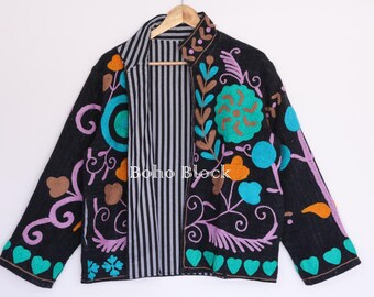 Floral/Heart Embroidery Black Cotton TNT Suzani Jacket,  Boho Vintage Open Front Women Suzani Coat