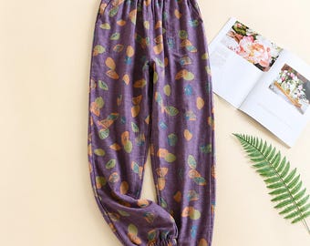 Floral Cotton Pajama Pants For Girls Soft Breathable Lounge Pants Lightweight Sleep Bottom Comfy Home Pants Summer Pajama Set Wide Leg Pants