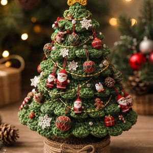 May include: A green crocheted Christmas tree topped with a yellow crocheted star. The tree is decorated with small crocheted ornaments including Santa figures, reindeer, presents, snowflakes, and baubles, wrapped in a thin gold string.