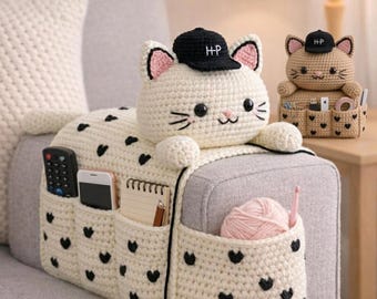 Premium Handmade Crochet Cat Sofa Organizer - Cute Multi-Pocket Armrest Caddy & Desk Organizer Gift Set by Handaura Craft