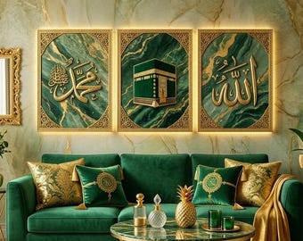 Islamische Kaaba Allah Muhammed Wand Kunst Set, Grüner Marmor Goldfolie Druck (Digitaler Download)