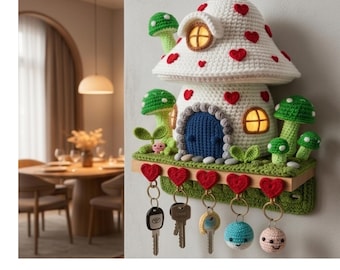 Patrón de llavero de seta a crochet, colgante de pared de casa de seta amigurumi en PDF, tutorial de llavero estilo cottagecore de hadas, descarga digital