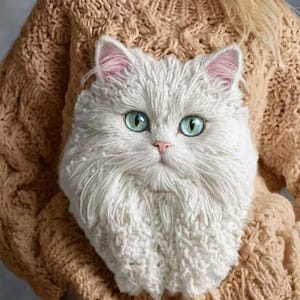 May include: A tan cable-knit sweater featuring a large, textured, three-dimensional white cat face appliqué. The cat has long, fluffy white yarn fur, bright turquoise eyes, pink inner ears, and a small pink nose, centered on the front of the garment.
