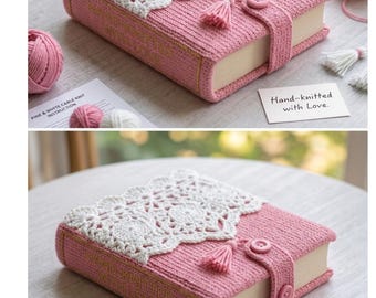 Patrón de funda de libro a crochet, funda para libro hecha a mano, protector de libros rosa a crochet, regalo acogedor para lectores, funda de diario tejida, regalo para amantes de los libros