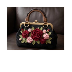 May include: Black crochet handbag with a wooden handle and gold-tone clasp. The bag is decorated with red and pink crocheted roses and green leaves. The handle is brown and braided.