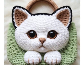 Bolso de ganchillo 3D con diseño de gato, hecho a mano - Diseño floral con color personalizado - Regalo único tejido a mano para amantes de los gatos