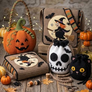 May include: A collection of crocheted Halloween items including an orange pumpkin basket, two tan messenger bags featuring a witch on a broomstick, a white skull drawstring pouch, and a black cat drawstring pouch with yellow eyes.