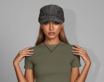 Distressed Military Cadet Hat Cyber Y2K Grunge Cadet Cap Ripped Denim Flat Top Hat Rivet Detail Streetwear Biker Hat Gift for Her Mom Wife