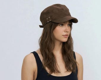 Vintage Suede Flat Top Military Hat, Retro Cadet Cap for Women Men, Faux Suede Newsboy Visor, Classic Unisex Army Cap, Stylish Gift for Her