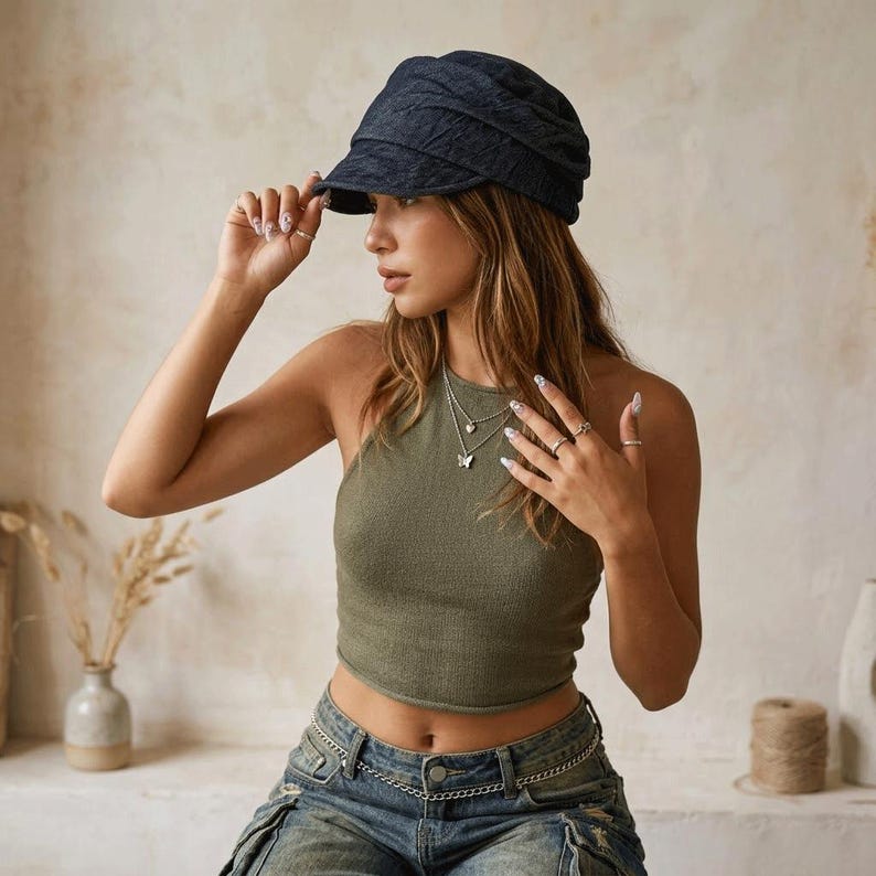 May include: A dark blue, textured newsboy cap with a curved brim. The cap is worn by a person wearing a green halter top and blue jeans. The person is also wearing a silver necklace and rings.