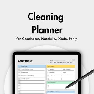 Op de afbeelding: Een digitale schoonmaakplanner weergegeven op een tabletscherm met een zwarte stylus. De interface bevat een dagelijkse reset-sjabloon met secties voor dagelijkse taken, focusgebieden, extra taken en observaties.