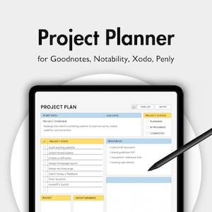 May include: A digital project planner displayed on a tablet, with the title "Project Planner" at the top. The planner includes sections for project overview, steps, resources, and status. A stylus is positioned near the screen.