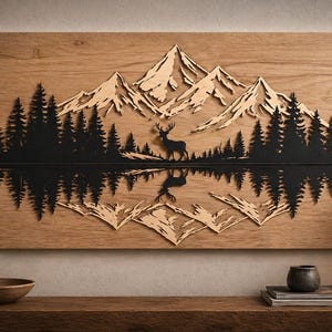 May include: Wooden wall art featuring a mountain scene with a deer silhouette, trees, and a lake reflection. The artwork is mounted on a rectangular wooden board with metal accents. The mountains are light brown, and the trees and lake are black.