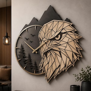 Pacchetto SVG per orologio, design orologio montagna, SVG arte murale aquila, file orologio per taglio laser, modello orologio CNC, SVG orologio moderno in legno, pacchetto PNG