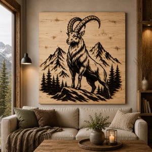 Könnte beinhalten: Ein großes Wandkunstwerk aus Holz mit einem schwarzen, gravierten Bild eines Steinbocks mit großen, gebogenen Hörnern, der auf einem Felsen mit einer Bergkette und Bäumen im Hintergrund steht. Das Kunstwerk ist auf einer hellen Holzplatte montiert.
