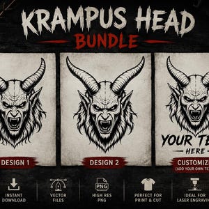 Könnte beinhalten: Ein digitales Kunstpaket mit drei Krampus-Kopf-Designs in Schwarz und Weiß. Die Designs zeigen ein gehörntes Dämonengesicht mit offenem Mund und scharfen Zähnen. Der Text "KRAMPUS HEAD BUNDLE" steht oben, mit Optionen zur Textanpassung.