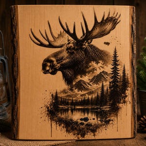 Può includere: Targa in legno con un'incisione dettagliata di una testa di alce e corna. L'opera d'arte incorpora una scena paesaggistica con montagne, alberi e un lago. La targa ha un bordo in legno naturale.