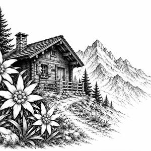 May include: Black and white illustration of a rustic wooden cabin nestled in a mountain landscape. The cabin features a stone chimney and a wooden fence. Edelweiss flowers bloom in the foreground, with a path leading towards the cabin. Majestic mountains rise in the background.