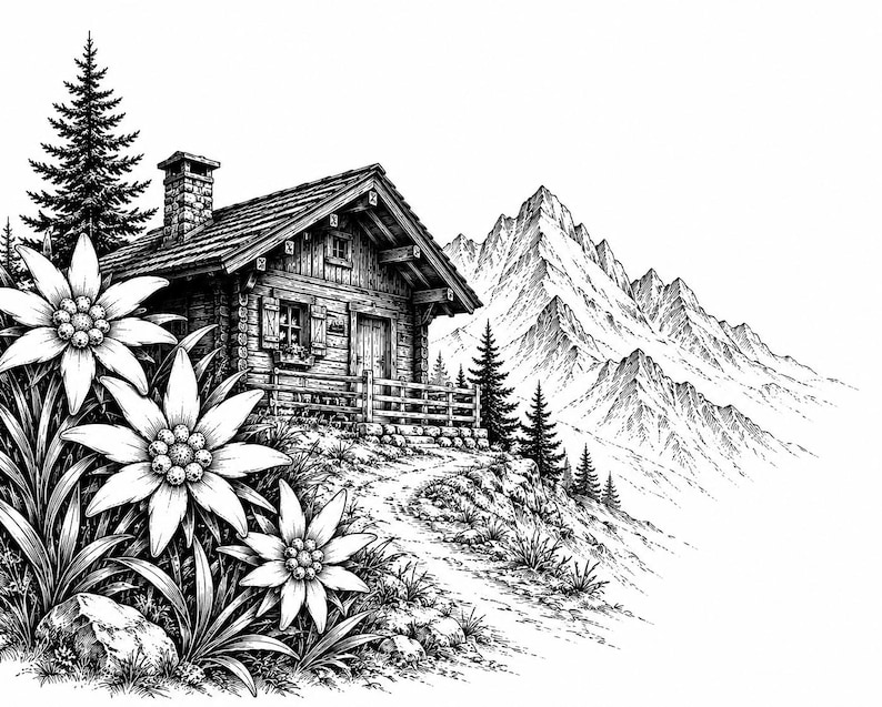 May include: Black and white illustration of a rustic wooden cabin nestled in a mountain landscape. The cabin features a stone chimney and a wooden fence. Edelweiss flowers bloom in the foreground, with a path leading towards the cabin. Majestic mountains rise in the background.