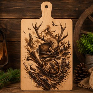 Può includere: Un tagliere rettangolare in legno chiaro con un manico sulla parte superiore. La superficie presenta una dettagliata illustrazione incisa al laser in marrone scuro raffigurante una scena di caccia con un cappello, un corno, corna e un cervo.