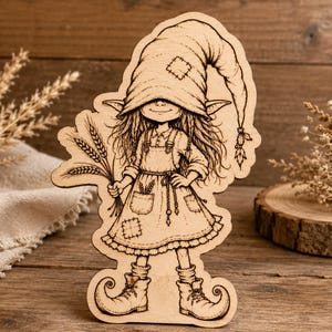 Gnome Girl SVG PNG, Cute Farmhouse Elf Clipart, Black White Coloring Page, Color PNG, Rustic Cottagecore Design