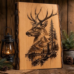 Puede incluir: Placa de madera con un diseño pirograbado detallado de una cabeza de ciervo, montañas y árboles. La obra de arte está quemada en la madera de color claro, con el borde de corteza natural visible. La pieza rústica evoca un tema de naturaleza.