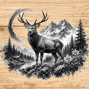 Könnte beinhalten: Schwarz-Weiß-Illustration eines Hirsches in einer Berglandschaft. Das Kunstwerk zeigt einen Hirsch mit Geweih, Berge, Bäume und einen See. Der Hintergrund hat eine Holzstruktur.