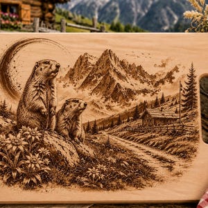 May include: A rectangular wooden cutting board featuring a detailed laser-engraved scene of two marmots sitting on a rock in the foreground. The background depicts a mountain range, a small cabin, pine trees, and edelweiss flowers under a crescent moon.