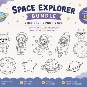 Könnte beinhalten: Ein digitales Illustrationspaket mit dem Titel "Space Explorer" mit Cartoon-Astronauten, Außerirdischen, Planeten und einer Rakete. Das Paket enthält 9 Designs in PNG- und SVG-Formaten mit kommerzieller Nutzung für bis zu 100 Produkte.