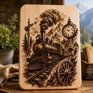 Vintage Steam Train SVG PNG, Locomotive Laser Engraving Design, Railway Clock Mountain Clipart for Wood Burning