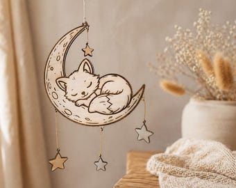 Móvil de madera para bebé con zorro y luna | Decoración infantil hecha a mano | Estilo bohemio Waldorf | Móvil de madera con estrellas | Regalo para baby shower