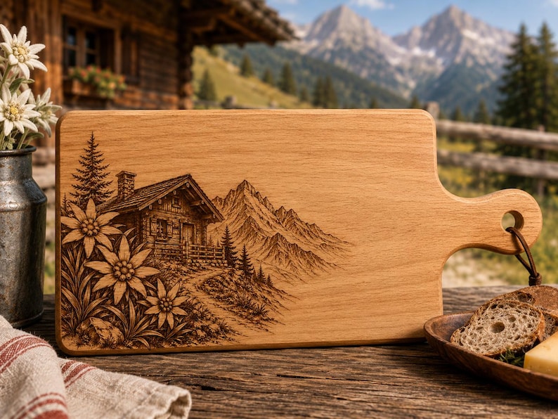 May include: Wooden cutting board with a handle, featuring an engraved mountain cabin scene with edelweiss flowers. The board is light brown and has a natural wood grain. A leather cord is attached to the handle. The board is approximately 15 inches long.