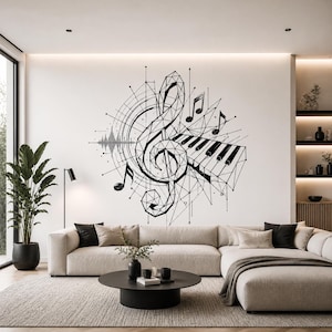Könnte beinhalten: Schwarz-weiße geometrische Wandkunst mit einem Notenschlüssel, Klaviertasten und Noten. Das Design ist modern und abstrakt, passend für ein Musikzimmer oder einen Wohnbereich. Das Kunstwerk ist an einer weißen Wand in einem modernen Wohnzimmer angebracht.