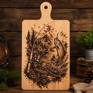 May include: A rectangular wooden chopping board with a handle and a hole for hanging. The surface features a detailed laser-engraved illustration of a fishing scene, including a fishing rod, a reel, a net, a basket, and a fish jumping from water.
