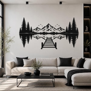 Mountain Lake Dock Wall Art SVG PNG – Minimalist Reflection Landscape | Modern Nature Silhouette | Laser Cut File | Scandinavian Decor