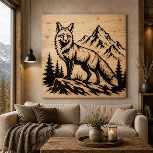 Op de afbeelding: Houten wandkunst met een gedetailleerd zwart silhouet van een vos op een rots, met bergen en bomen op de achtergrond. Het kunstwerk is gemonteerd op een lichtgekleurd houten paneel, wat een rustieke, door de natuur geïnspireerde esthetiek creëert.