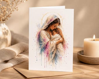 Personalized sympathy card for stillborn Mary with baby Jesus – Christian condolence card, premium A5 folding card