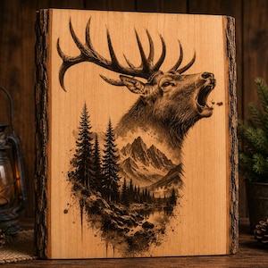 May include: A wooden art piece featuring a detailed engraving of a roaring elk with large antlers. The artwork includes a mountain and forest landscape. The edges of the wood have a natural bark finish, giving it a rustic look.