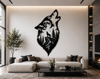May include: Black metal wall art depicting a howling wolf with a forest and moon scene inside its silhouette. The artwork is mounted on a white wall above a beige sectional sofa and a black marble coffee table.