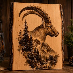 May include: A wooden plaque featuring a detailed engraving of a mountain goat with large curved horns. The artwork includes a mountain landscape with trees and a river, all in shades of brown.